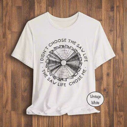 White t-shirt with black graphic design and text on a white background