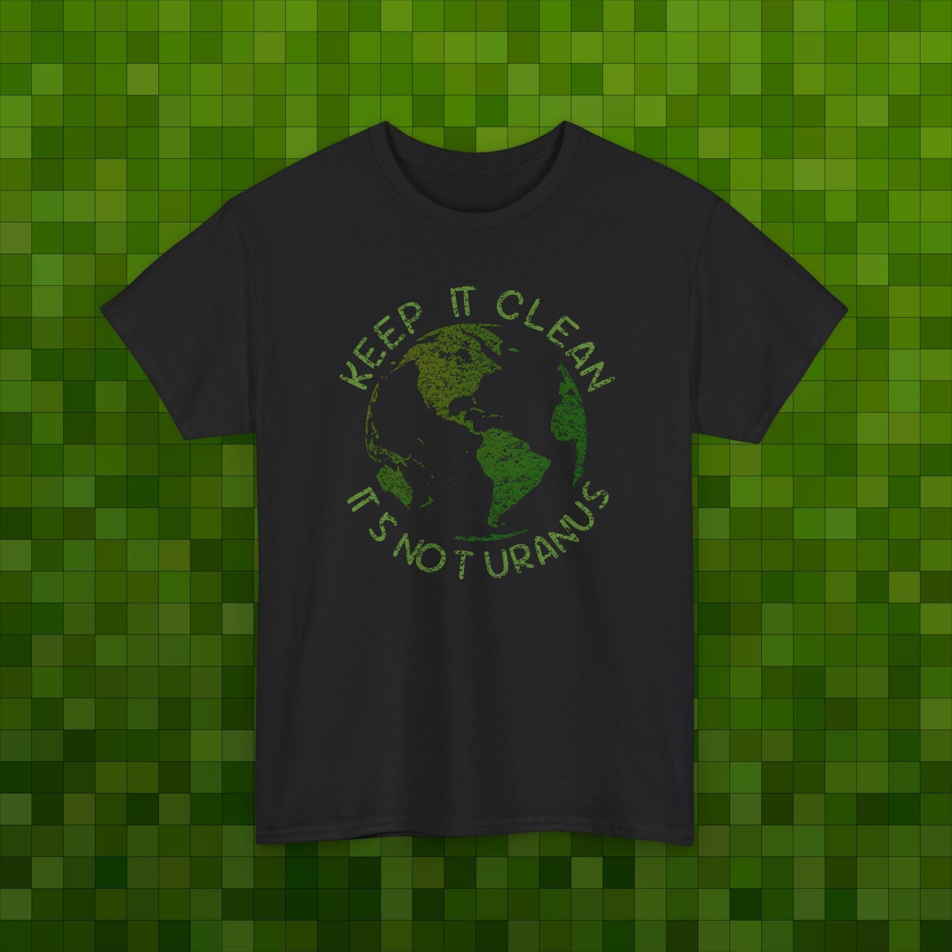 Black t-shirt with green graphic and text on a green pixelated background