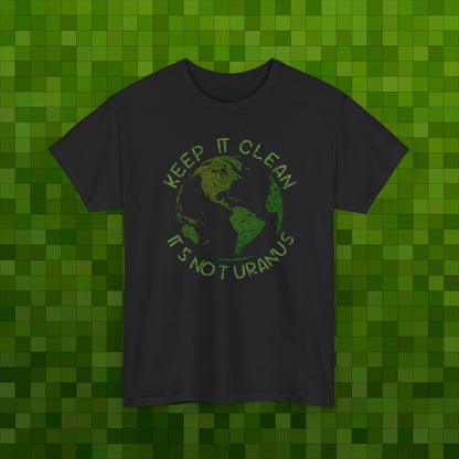 Black t-shirt with green graphic and text on a green pixelated background