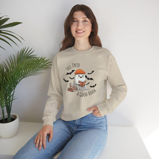Fall Into A Good Book Halloween Ghost Reading Sweatshirt