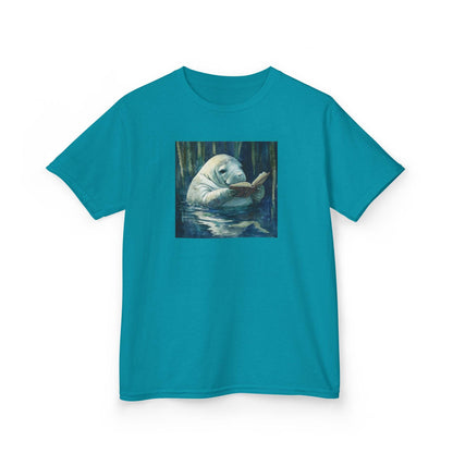 Blue t-shirt with a manatee reading a book graphic on a white background