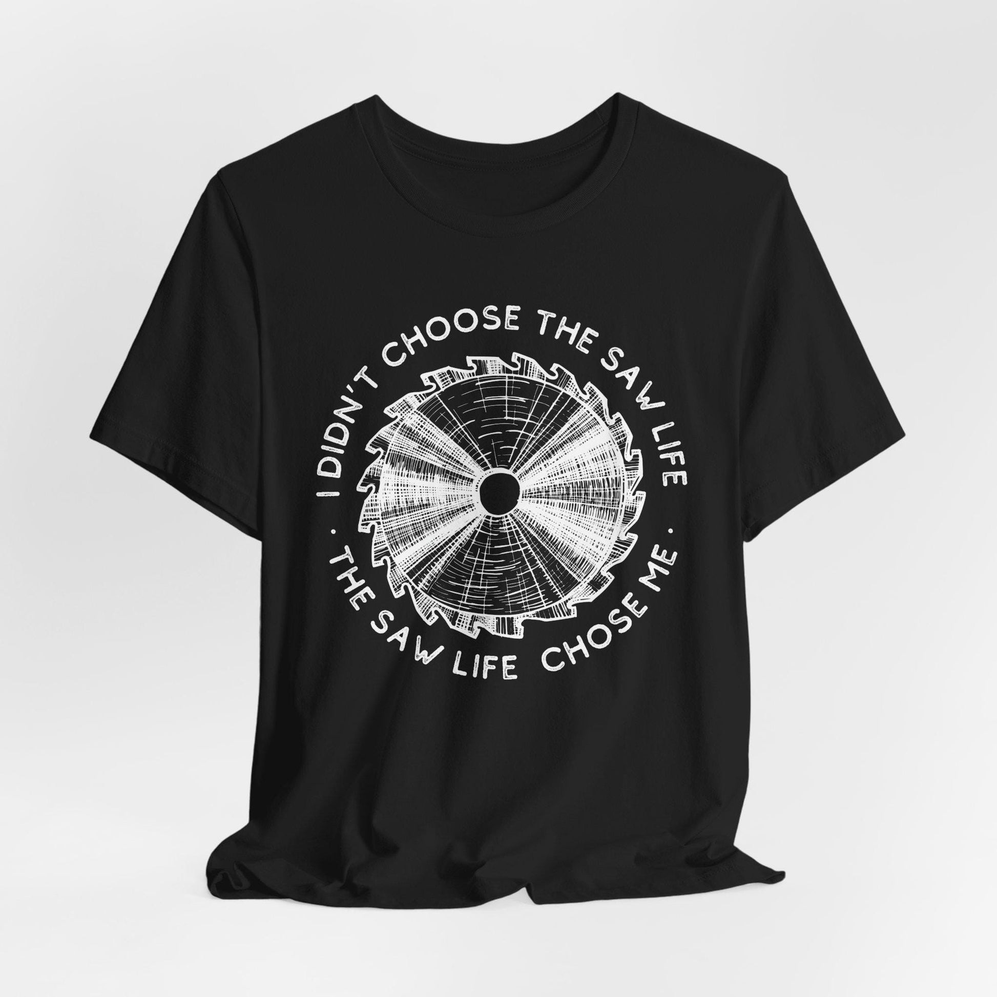 Black t-shirt with white graphic and text on a light gray background