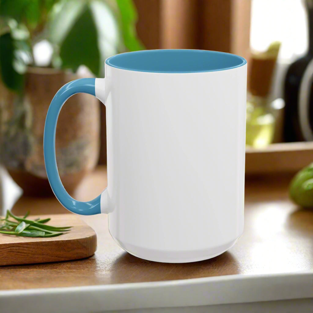 White mug with blue handle and interior on a white background