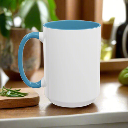 White mug with blue handle and interior on a white background