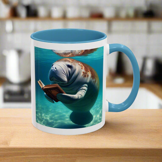 Mug with a design of a manatee reading a book underwater.