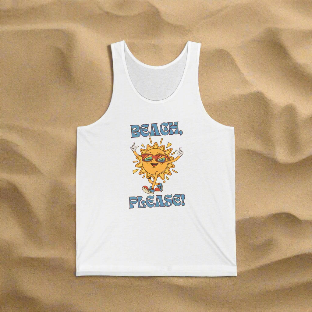 White tank top with a sun graphic and 'Beach, Please!' text on a white background