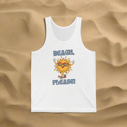 White tank top with a sun graphic and 'Beach, Please!' text on a white background