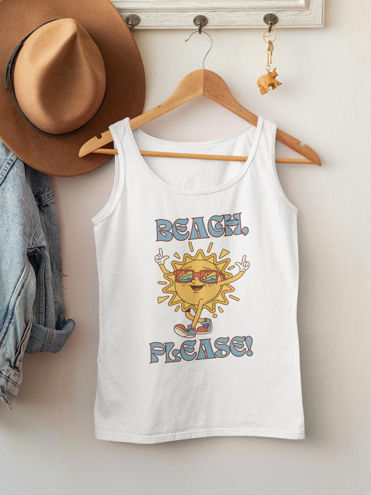 White tank top with sun design and 'Beach Please!' text on a hanger against a wall.