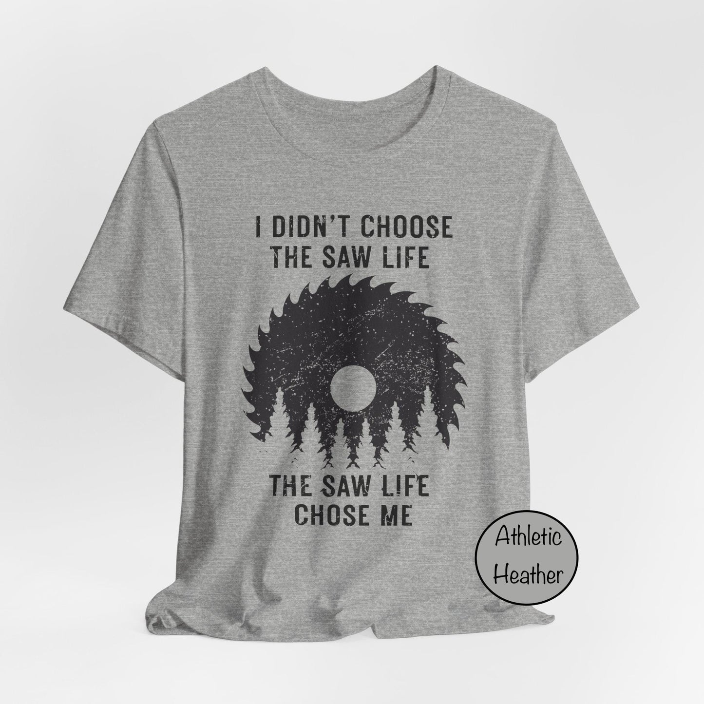 Gray t-shirt with graphic design and text on a white background