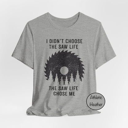 Gray t-shirt with graphic design and text on a white background