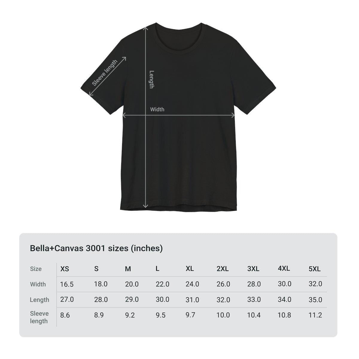 Black t-shirt with measurement lines and a size chart below on a white background