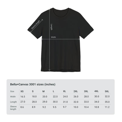 Black t-shirt with measurement lines and a size chart below on a white background