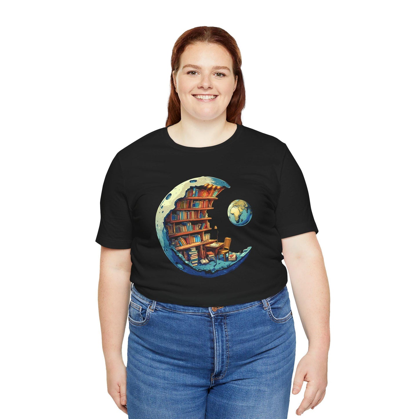 Person wearing a black t-shirt with a graphic design of a bookshelf and Earth.
