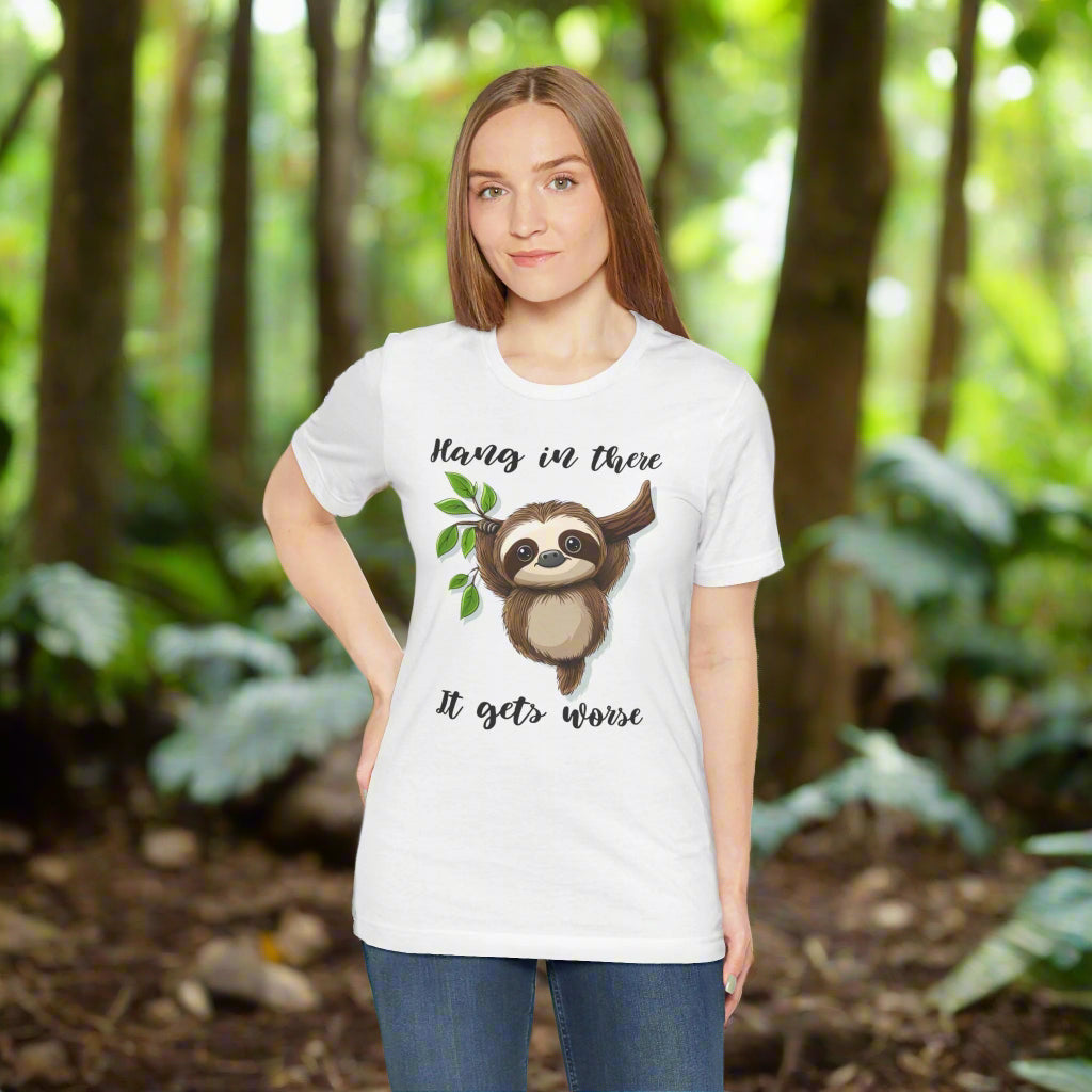 Woman wearing a white t-shirt with a sloth graphic and text on a white background
