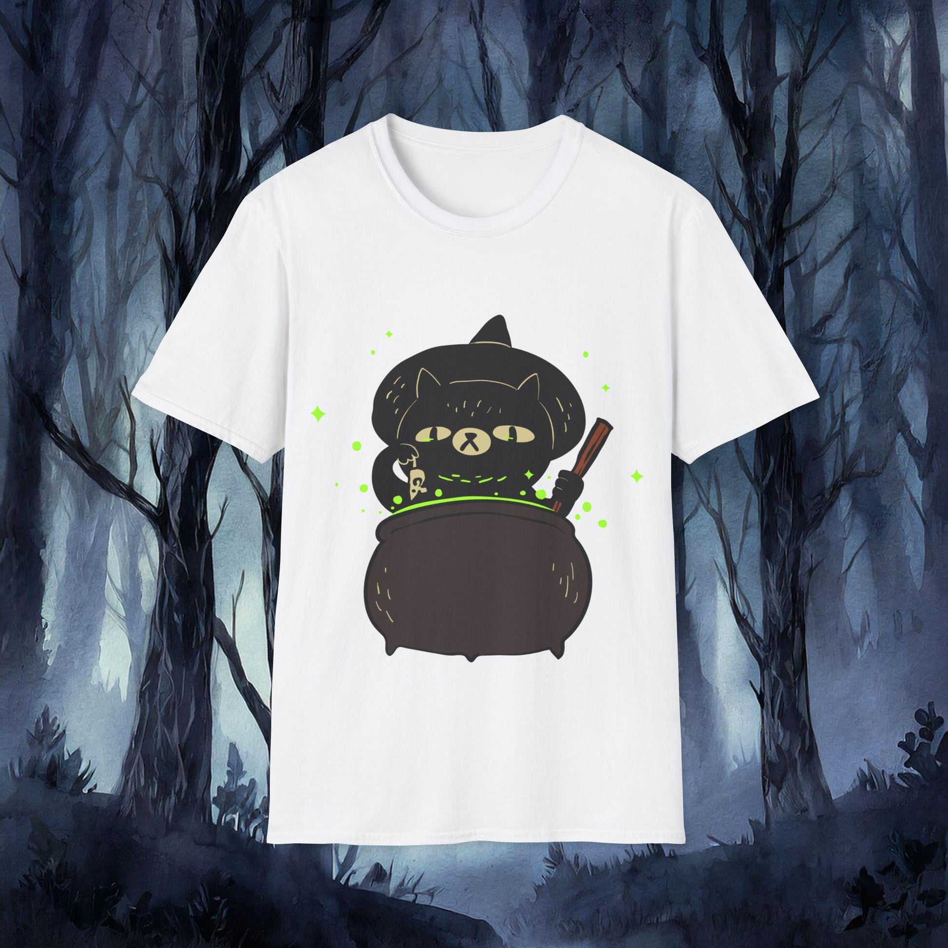 White t-shirt with a black cat design in a forest setting