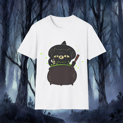 White t-shirt with a black cat design in a forest setting