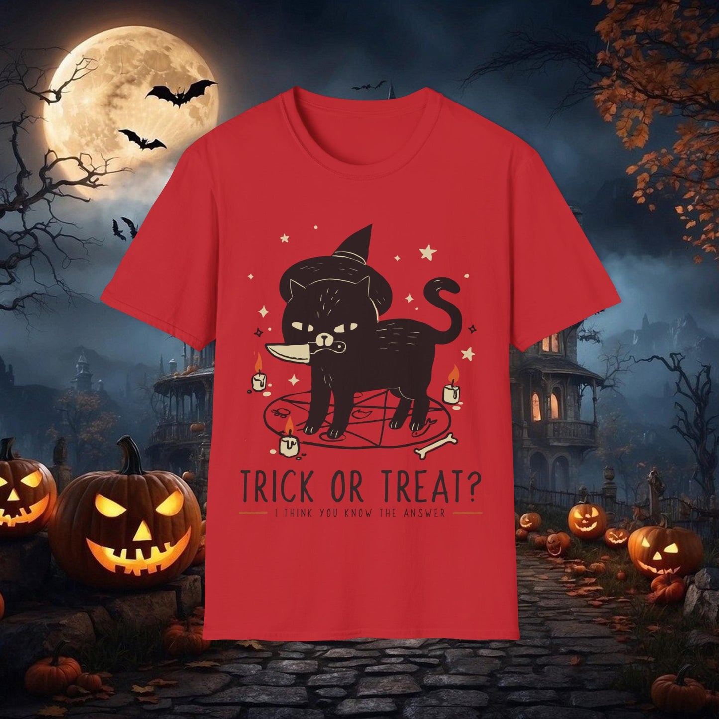 Funny Trick or Treat Black Cat Halloween T-shirt, Cute Animal shirt, Lazy Halloween Costume Idea for Cat Lovers, Spooky Sinister cat
