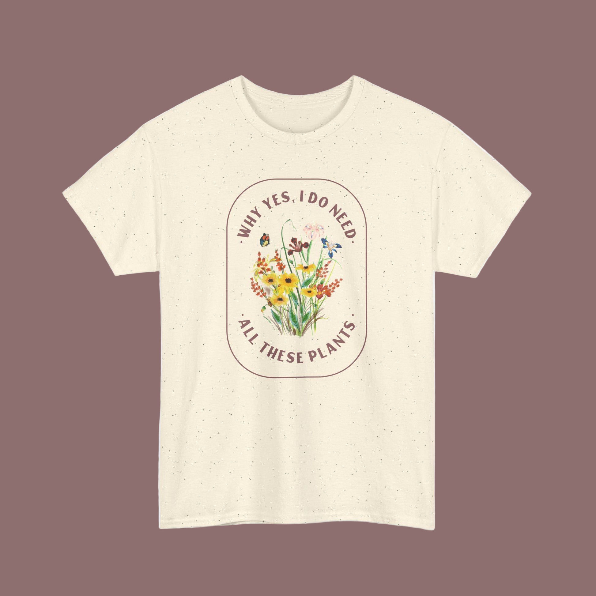 Beige t-shirt with floral design and text on a white background