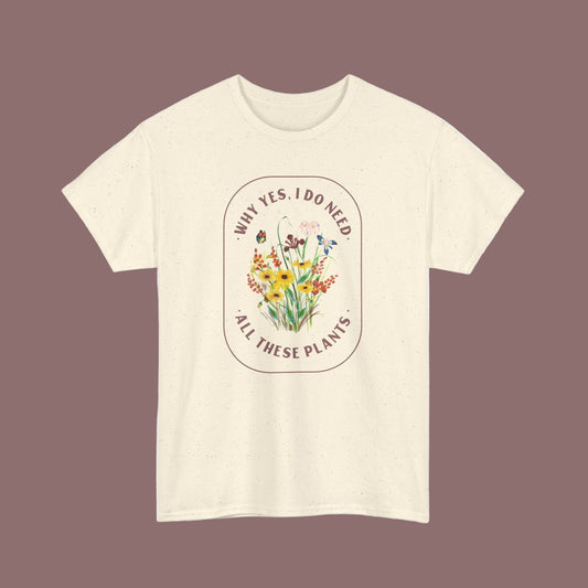 Beige t-shirt with floral design and text on a white background