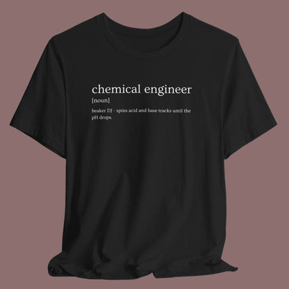Black t-shirt with 'chemical engineer' definition text on a white background