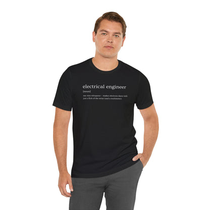 Man wearing a black t-shirt with 'electrical engineer' definition text on a white background