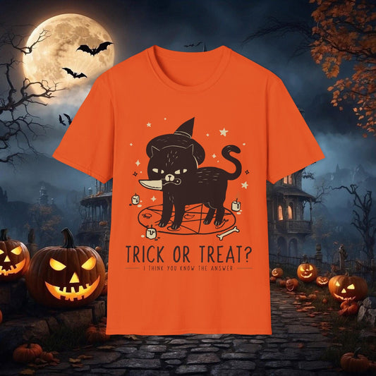 Funny Trick or Treat Black Cat Halloween T-shirt, Cute Animal shirt, Lazy Halloween Costume Idea for Cat Lovers, Spooky Sinister cat