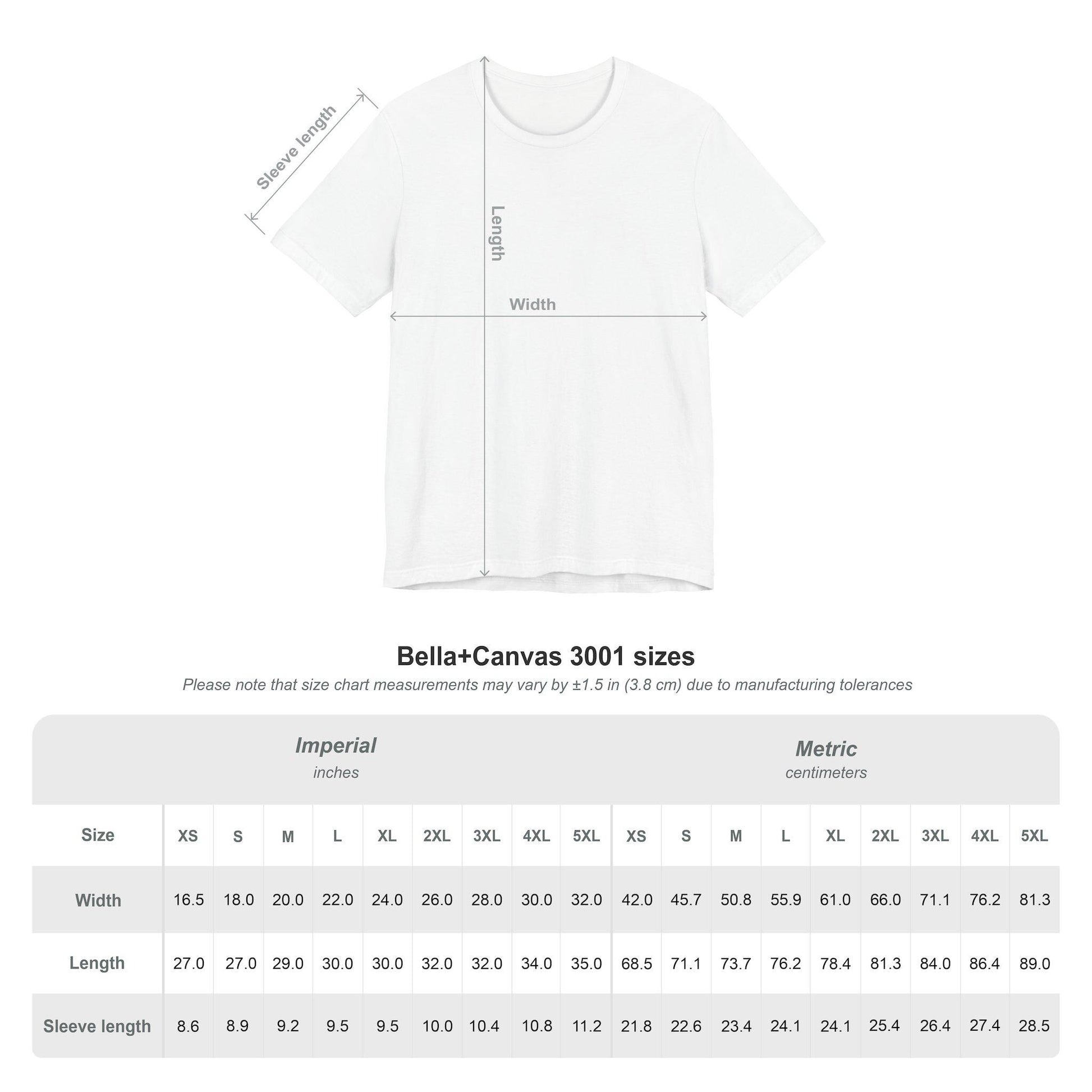 White t-shirt with measurement chart for Bella+Canvas 3001 sizes on a white background