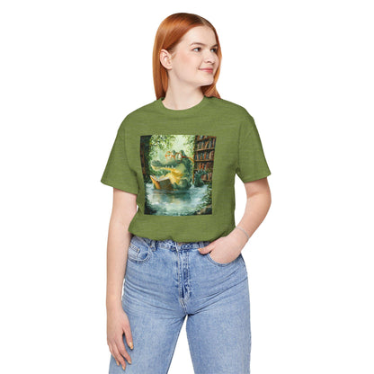 Person wearing a green t-shirt with a graphic design on a white background