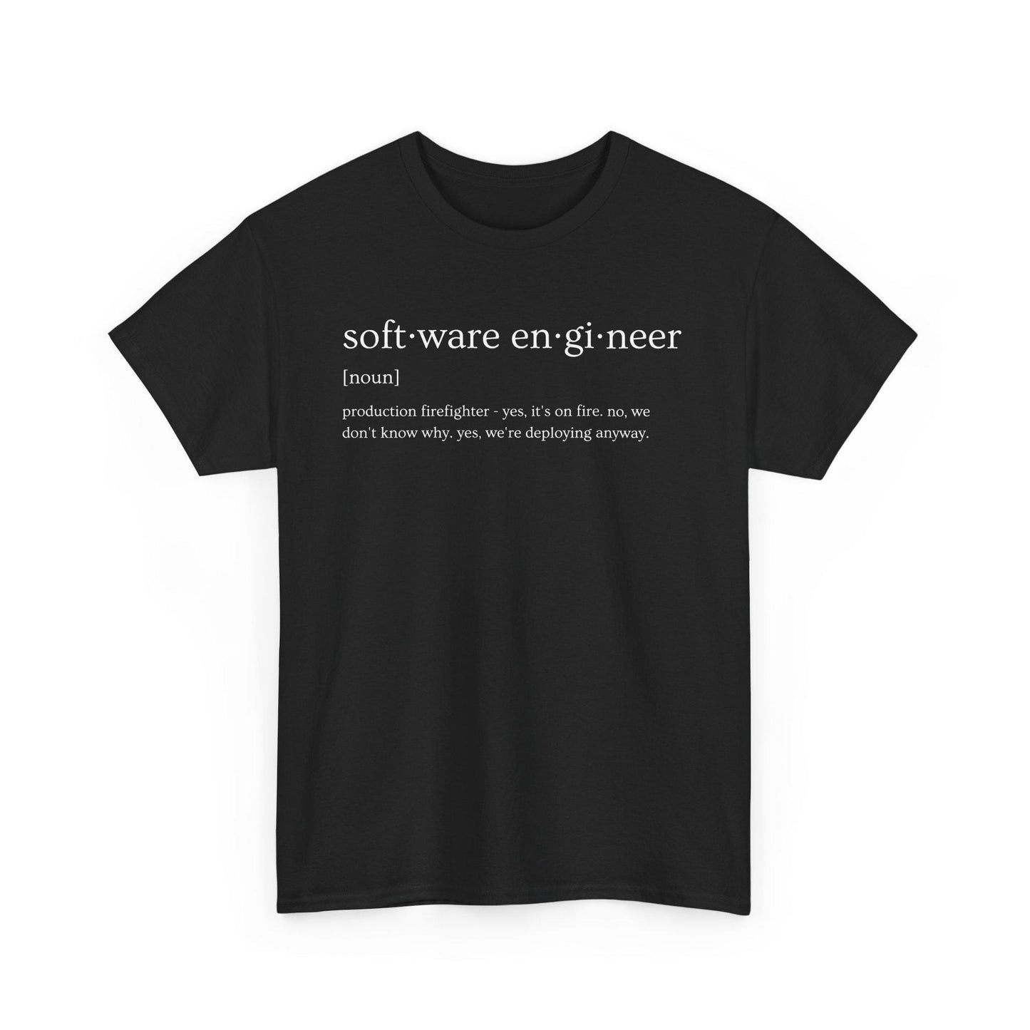 Black t-shirt with white text on a white background