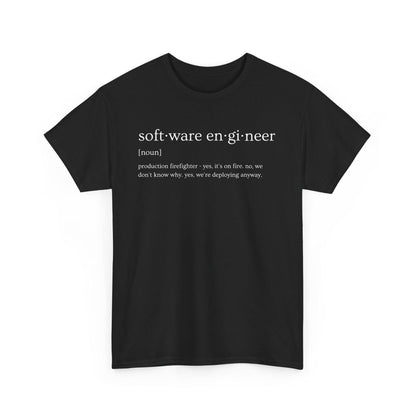 Black t-shirt with white text on a white background