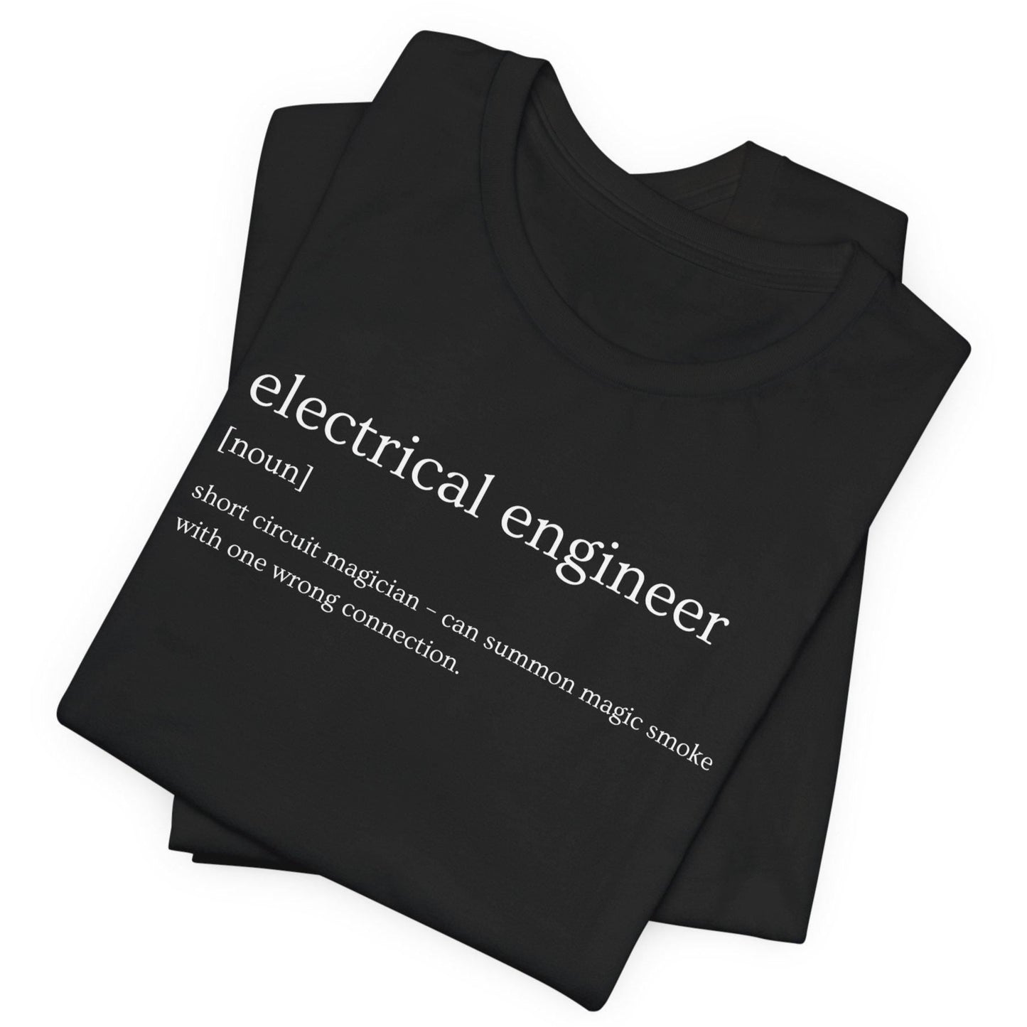 Black t-shirt with 'electrical engineer' definition text on a white background