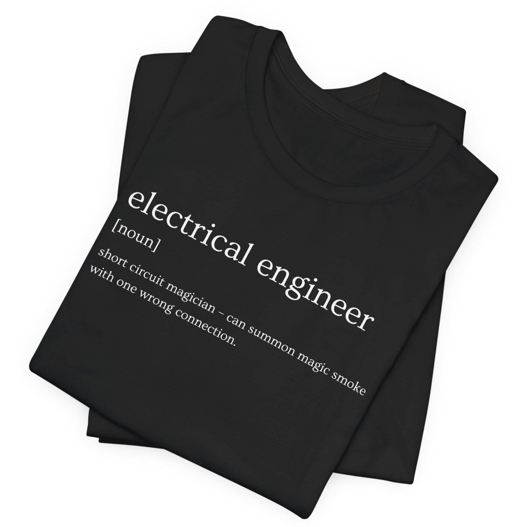 Black t-shirt with 'electrical engineer' definition text on a white background