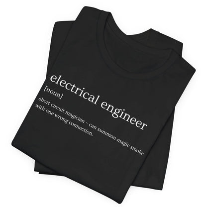 Black t-shirt with 'electrical engineer' definition text on a white background
