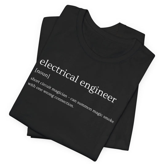 Black t-shirt with 'electrical engineer' definition text on a white background