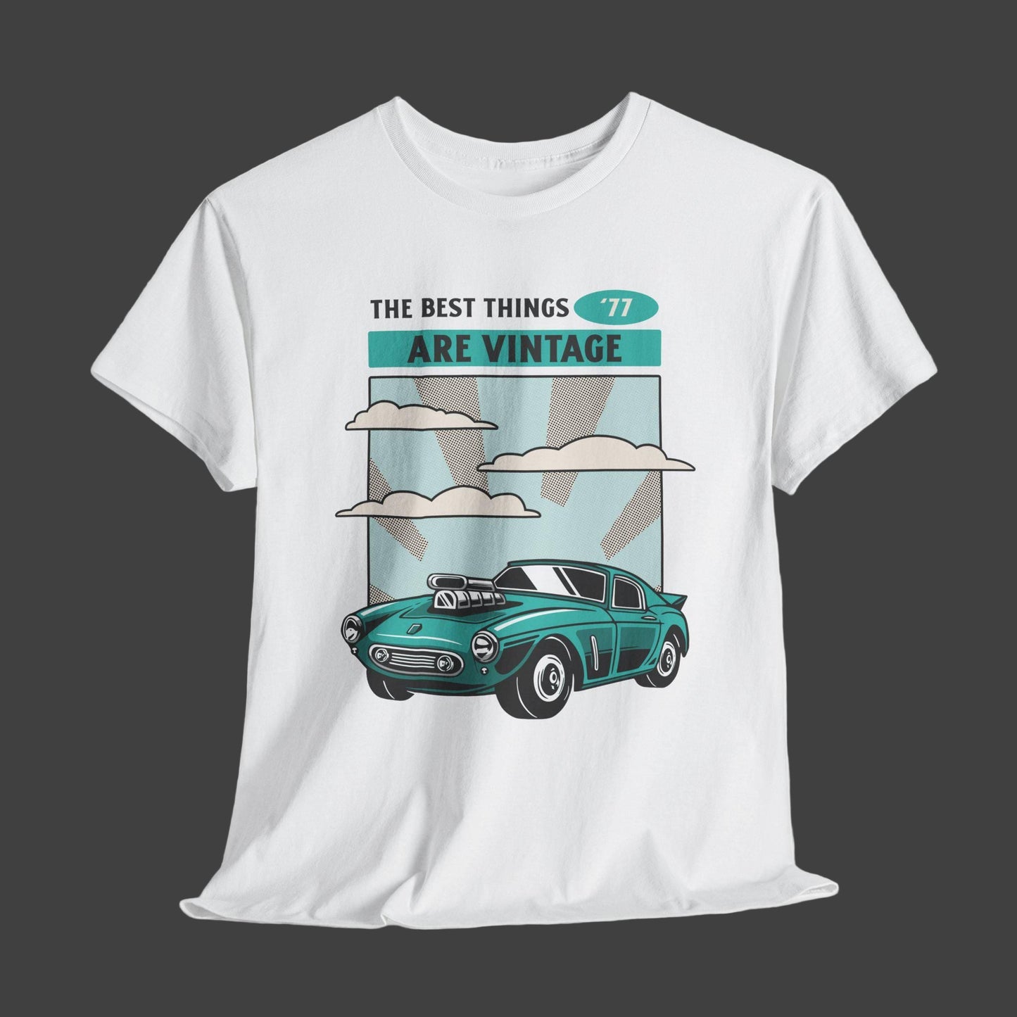 White t-shirt with vintage car graphic and text on a white background