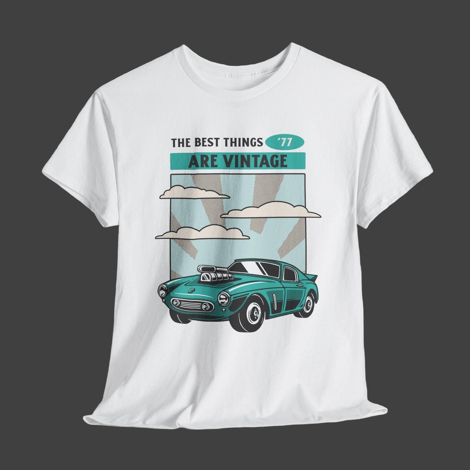 White t-shirt with vintage car graphic and text on a white background