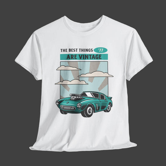 White t-shirt with vintage car graphic and text on a white background