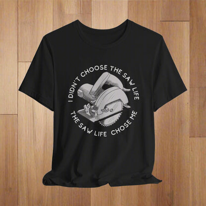 Black t-shirt with a graphic and text on a white background