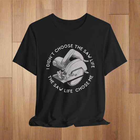 Black t-shirt with a graphic and text on a white background