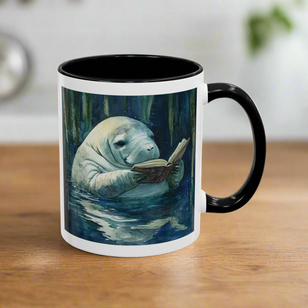 Mug with a design of a manatee reading a book in a forest setting.