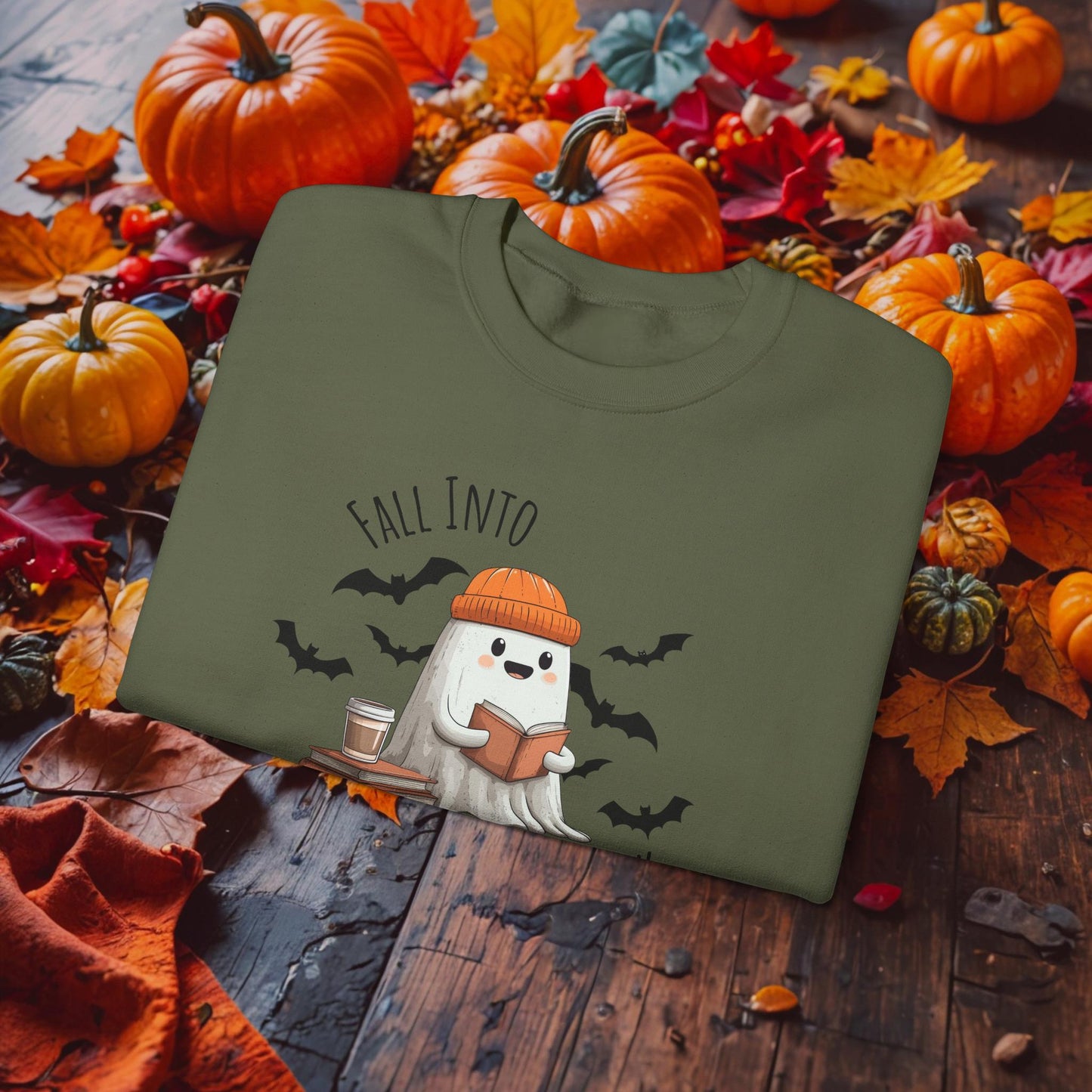 Fall Into A Good Book Halloween Ghost Reading Sweatshirt