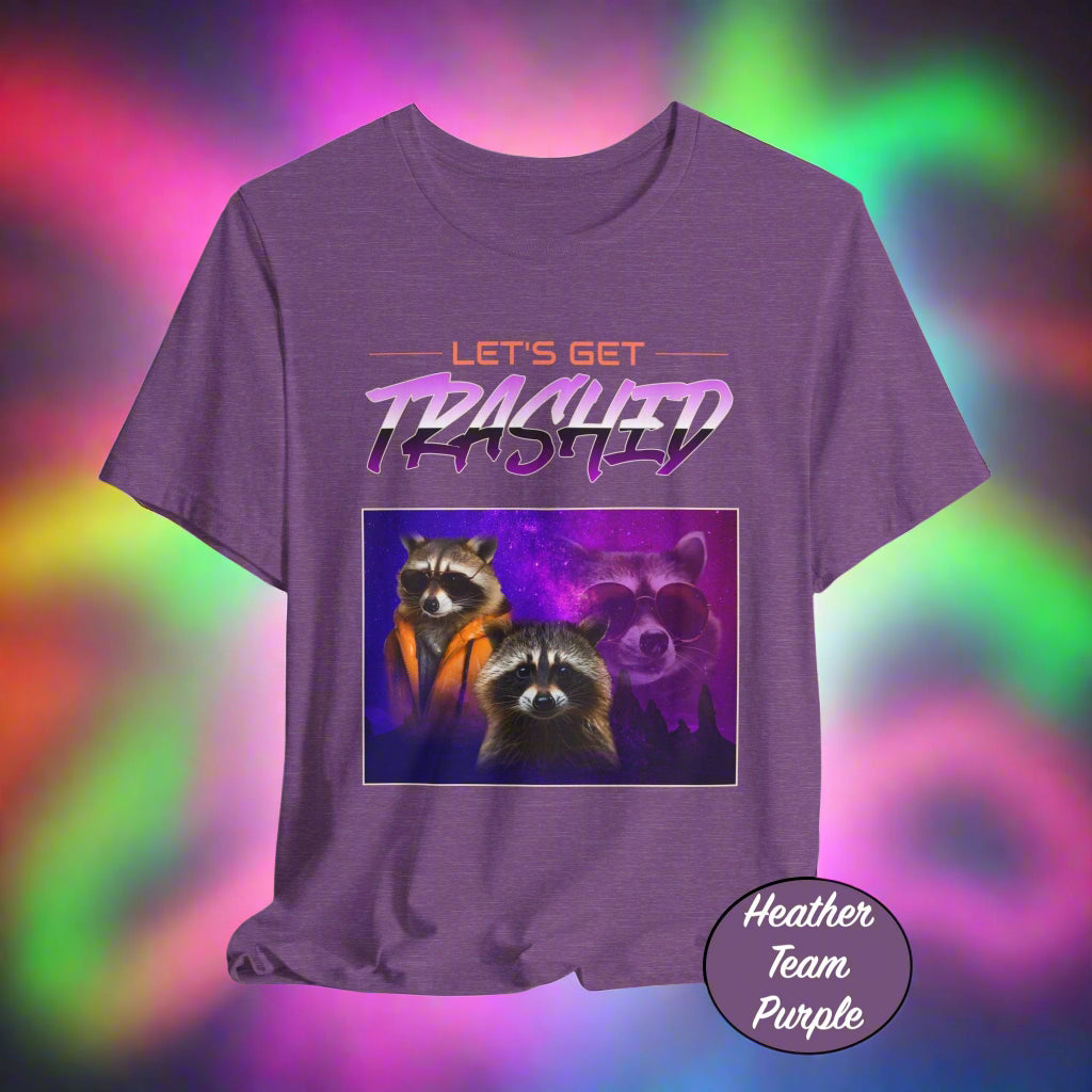 Purple t-shirt with raccoon graphic and 'Let's Get Trashed' text on a white background