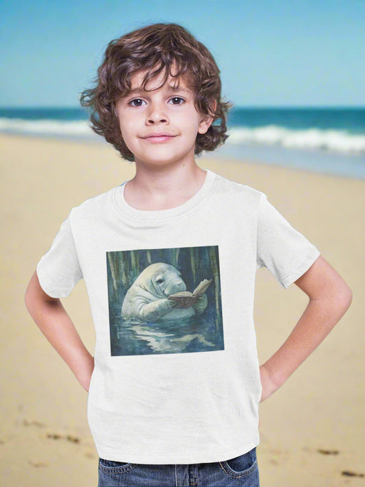 Child wearing a white t-shirt with a graphic of a manatee reading a book on a beach background