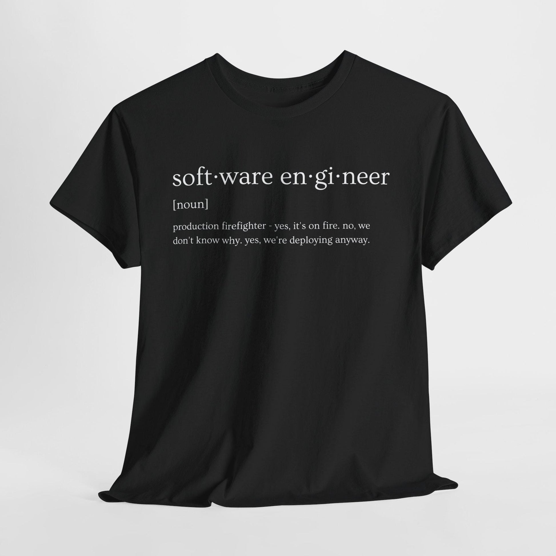 Black t-shirt with software engineer text design on a light gray background