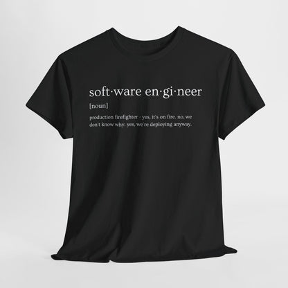 Black t-shirt with software engineer text design on a light gray background
