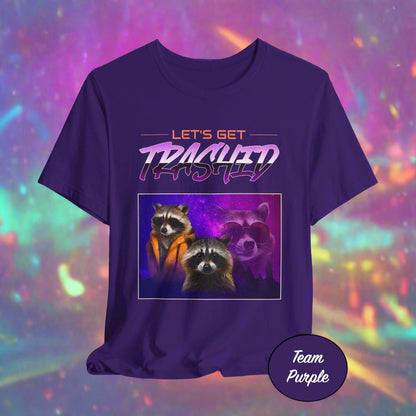 Purple t-shirt with raccoon graphic and 'Let's Get Trashed' text on a neon background