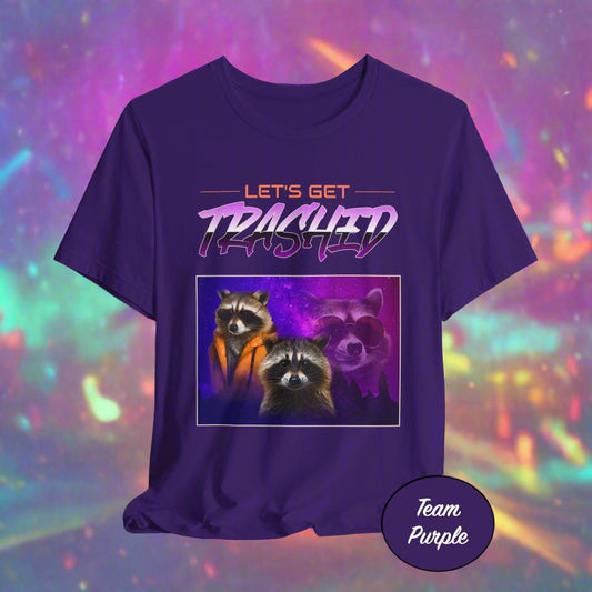 Purple t-shirt with raccoon graphic and 'Let's Get Trashed' text on a neon background