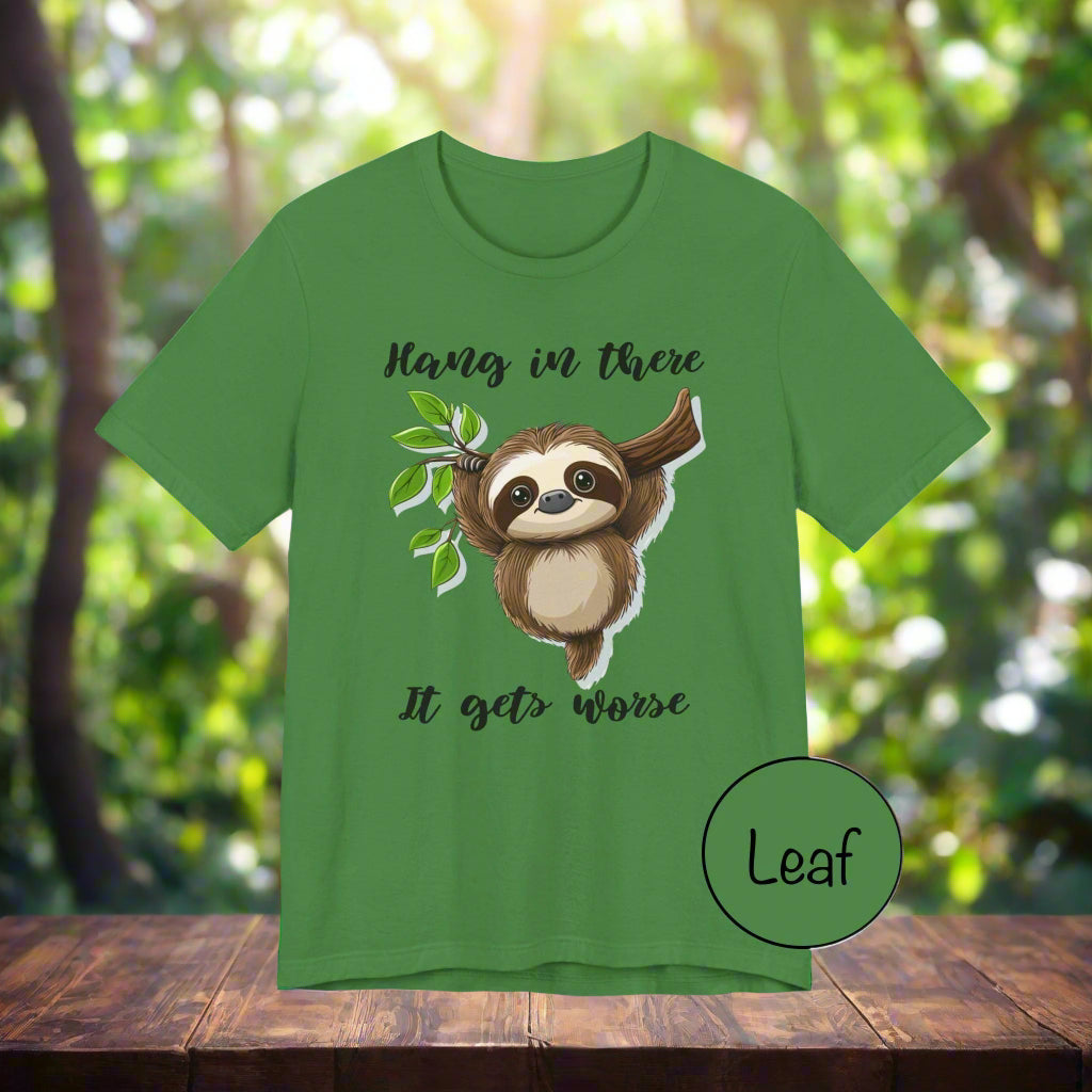 Green t-shirt with a sloth graphic and text on a white background