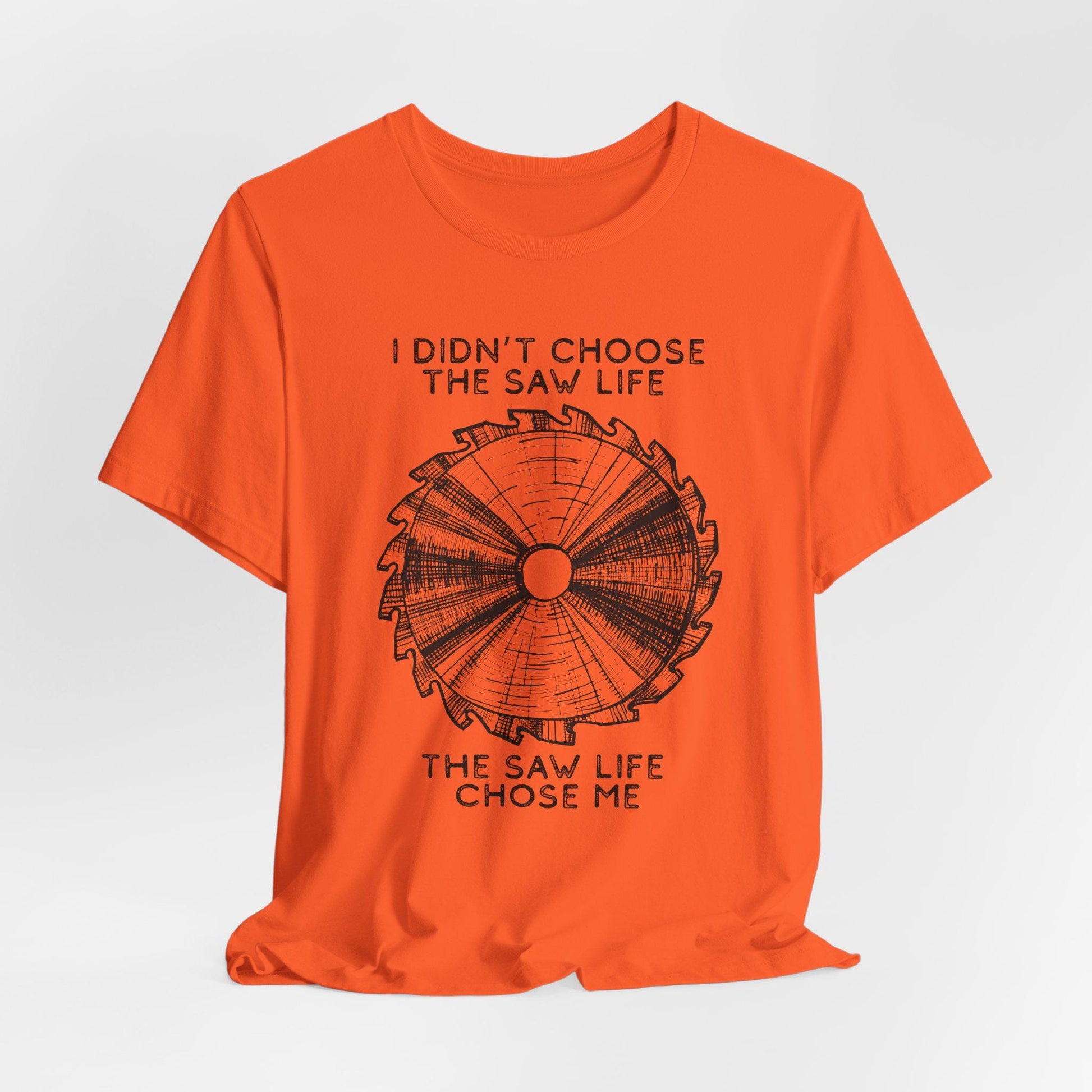 Orange t-shirt with black graphic and text on a white background