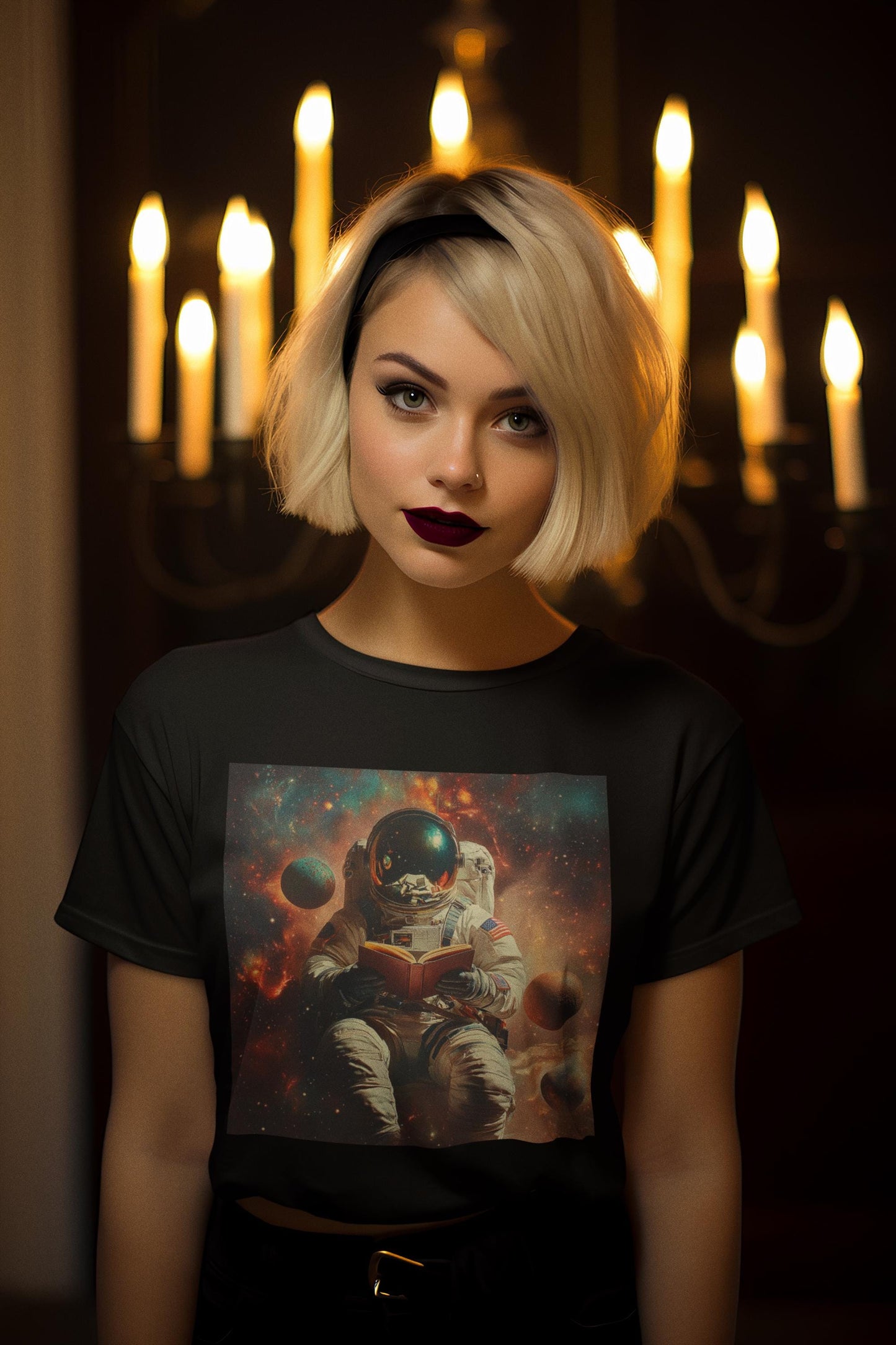 Person wearing a black t-shirt with an astronaut graphic in front of lit candles